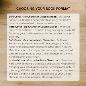 The image is a text-based image with a list of book formats, including softcover and hardcover editions, and descriptions of their customization options.