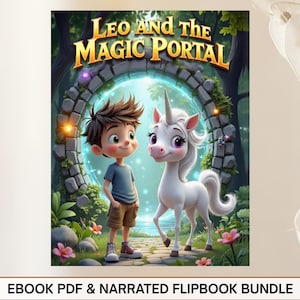May include: A digital illustration of a children's book cover titled "Leo and the Magic Portal." The cover features a young boy and a white unicorn standing in front of a glowing portal. The text "EBOOK PDF & NARRATED FLIPBOOK BUNDLE" is at the bottom.
