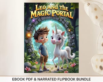 Op de afbeelding: Digitale illustratie voor een kinderboekcover, "Leo and the Magic Portal". Het toont een jongen en een witte eenhoorn voor een gloeiend portaal. De tekst "EBOOK PDF & NARRATED FLIPBOOK BUNDLE" staat onderaan de afbeelding.