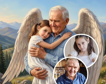 May include: A digital painting depicts an elderly man with white hair and angel wings, holding a young girl in a white dress. Two circular inset portraits show the girl and the man. The background features a mountain landscape under a blue sky.