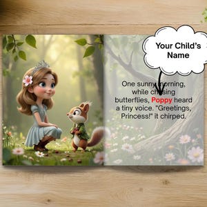 The image is a collage of two pictures, one depicting a young girl with a tiara and a squirrel, and the other showing a tree with flowers. There is a thought bubble above the collage that says "Your Child's Name".