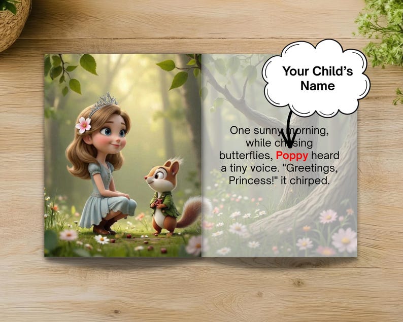 The image is a collage of two pictures, one depicting a young girl with a tiara and a squirrel, and the other showing a tree with flowers. There is a thought bubble above the collage that says "Your Child's Name".