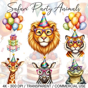 Könnte beinhalten: Aquarellillustration mit Safari-Party-Motiv. Das Bild zeigt einen Löwen, einen Tiger, eine Giraffe, ein Zebra und ein Krokodil, die alle Brillen und Partyhüte tragen. Ballons und eine Torte sind ebenfalls vorhanden, mit dem Text "Safari Party Animals".