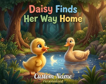 May include: A children's book cover titled Daisy Finds Her Way Home featuring a fluffy yellow duckling standing by a pond and an adult duck swimming in the water. A crescent moon reflects in the pond. The text Custom Name Personalized is at the bottom.