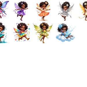 nine colorful and whimsical illustrations of young fairies, each with unique features and attire.