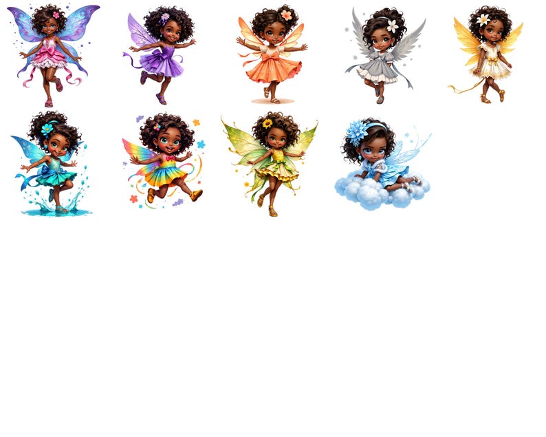 nine colorful and whimsical illustrations of young fairies, each with unique features and attire.