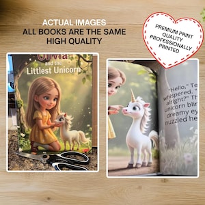 The image is a collage of two images, one depicting a young girl and a unicorn, and the other showing a unicorn and a fairy tale-like scene.