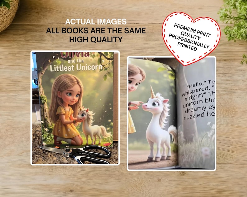 The image is a collage of two images, one depicting a young girl and a unicorn, and the other showing a unicorn and a fairy tale-like scene.