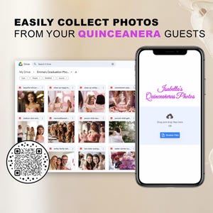Puede incluir: Una captura de pantalla de una pantalla de computadora que muestra una carpeta de Google Drive con fotos. Un código QR está en la esquina inferior izquierda. La pantalla de un teléfono móvil muestra una página web con el texto "Isabella's Quinceañeras Photos" y un botón que dice "Examinar archivos".
