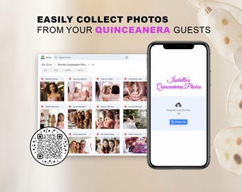 May include: A screenshot of a computer screen showing a Google Drive folder with photos. A QR code is in the lower left corner. A mobile phone screen shows a webpage with the text "Isabella's Quinceañeras Photos" and a button that says "Browse Files".