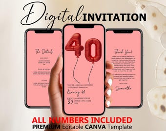 Digital 40th Birthday Invitation, Red Invitation, 40th E-Invite, 40th Birthday Evite, 40th Party Invitation, Digital 40th Invitation