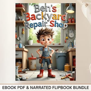 The image is a colorful illustration of a young boy standing in a workshop, surrounded by various tools and equipment, with the title "Ben's Backyard Repair Shop" prominently displayed above him.