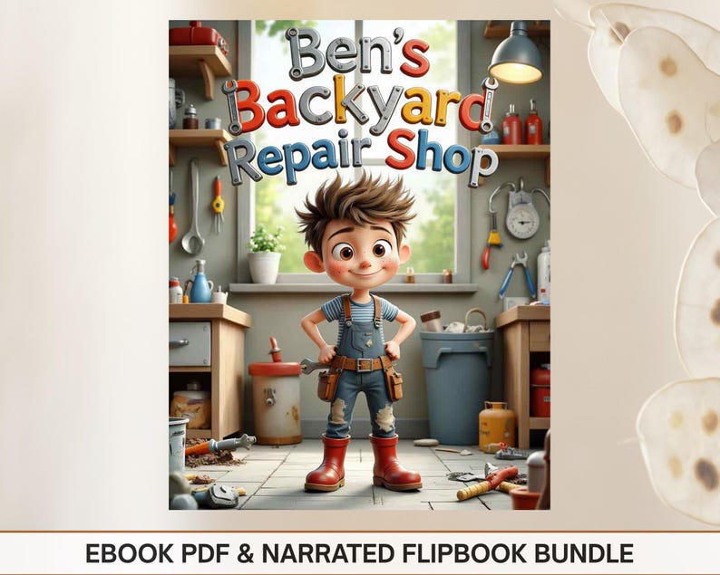 The image is a colorful illustration of a young boy standing in a workshop, surrounded by various tools and equipment, with the title "Ben's Backyard Repair Shop" prominently displayed above him.