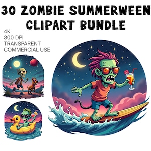 May include: A digital clipart bundle titled "30 Zombie Summerween." The image features cartoon zombies enjoying summer activities, including surfing, swimming in a pool float, and walking with a dog under a night sky. The bundle is for commercial use.