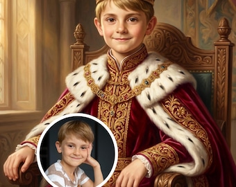 May include: A portrait of a young person dressed as royalty, wearing a gold crown and a red robe with gold embroidery and white fur trim. A smaller inset image shows the person in a striped shirt. The portrait is set in a regal interior.