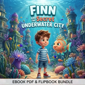 Op de afbeelding: Een digitale illustratie getiteld Finn and the Secret Underwater City met een jonge jongen in een blauw-wit gestreept shirt en blauwe korte broek op de zeebodem, omringd door koraal, vissen en stenen torens. EBOOK PDF & FLIPBOOK BUNDLE.