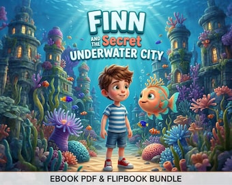 Op de afbeelding: Een digitale illustratie getiteld Finn and the Secret Underwater City met een jonge jongen in een blauw-wit gestreept shirt en blauwe korte broek op de zeebodem, omringd door koraal, vissen en stenen torens. EBOOK PDF & FLIPBOOK BUNDLE.