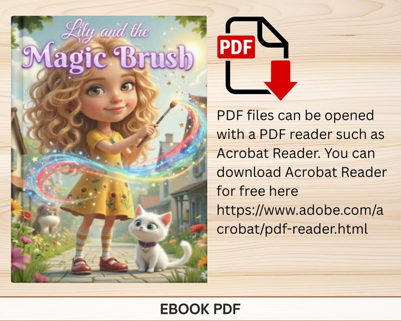 K&ouml;nnte beinhalten: Ein digitales Buchcover mit dem Titel Lily and the Magic Brush, das ein lockiges Kind in einem gelben Sonnenblumenkleid zeigt, das einen Pinsel mit Regenbogenspur h&auml;lt, neben einer wei&szlig;en Katze in einem Garten mit Text &uuml;ber PDF-Dateien.