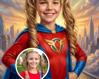 May include: A digital painting of a young girl dressed as a superhero, wearing a red and blue costume with a gold emblem. She has blonde pigtails and a blue mask, smiling in front of a cityscape and sunset.