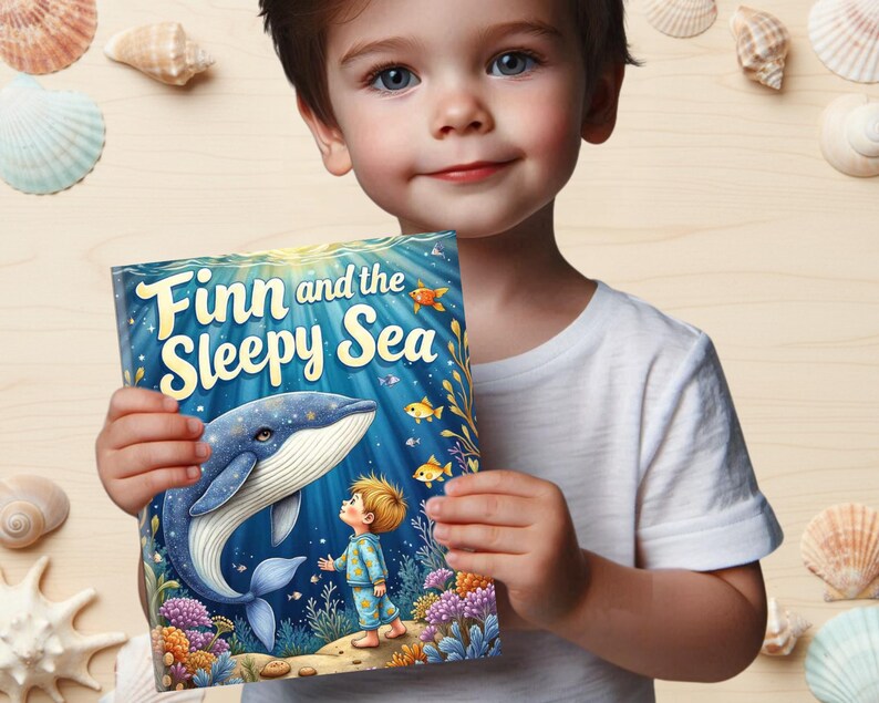 May include: A children's book titled "Finn and the Sleepy Sea" featuring a blue whale and a young boy in pajamas. The cover art is vibrant with underwater imagery, including coral and fish. The book is held by a child.