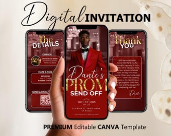 Prom Send Off Digital Invitation, Red Gold Boys Editable Flyer Template, King Prom Party Invite, Men DIY Graduation Celebration Animated