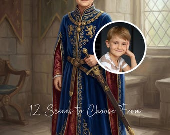 May include: A digital portrait of a young person dressed as royalty, wearing a gold crown and holding a sword. The person is in a blue and red robe with gold embellishments. The text "12 Scenes to Choose From" is at the bottom.