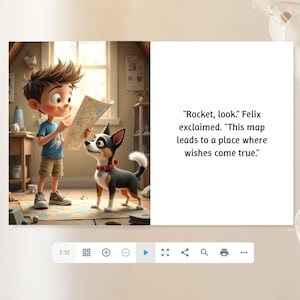 The image is a collage of two images: a cartoon image of a young boy reading a map with a dog, and a quote attributed to Felix about a map leading to a place where wishes come true.