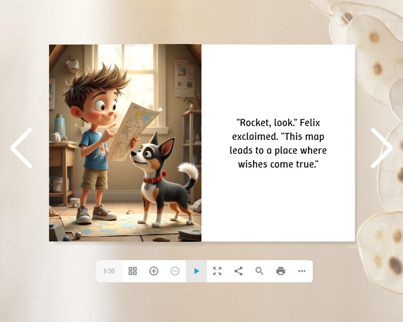 The image is a collage of two images: a cartoon image of a young boy reading a map with a dog, and a quote attributed to Felix about a map leading to a place where wishes come true.