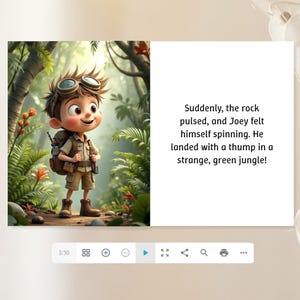 The image is a collage of two images. The left image depicts a cartoon character wearing a backpack and standing on a rock, surrounded by a lush, green jungle. The right image is a text box containing a narrative about the character, which reads: " suddenly, the rock pulsed, and Joey felt himself spinning. He landed with a thump in a strange, green jungle!"