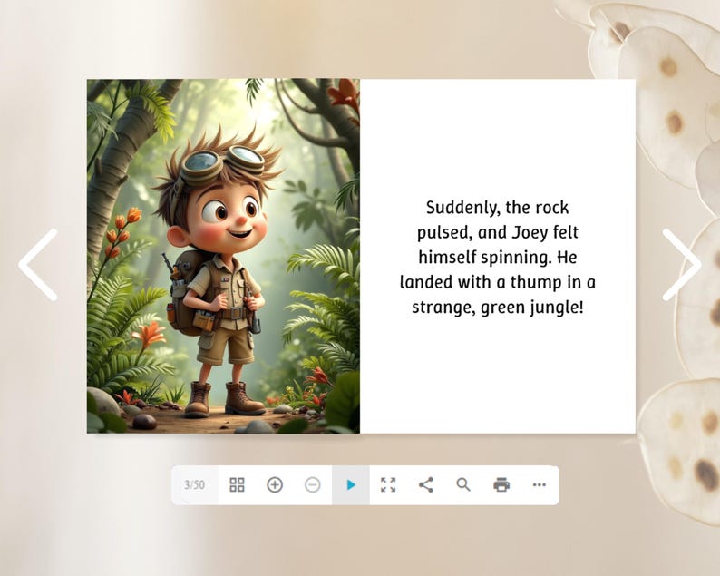 The image is a collage of two images. The left image depicts a cartoon character wearing a backpack and standing on a rock, surrounded by a lush, green jungle. The right image is a text box containing a narrative about the character, which reads: " suddenly, the rock pulsed, and Joey felt himself spinning. He landed with a thump in a strange, green jungle!"