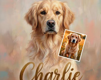 May include: A portrait of a Golden Retriever dog with the name "Charlie" in gold script at the bottom. A smaller image of the dog in a field of flowers is in the corner. The dog has light brown fur and a gentle expression.