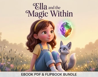 May include: A digital illustration titled Ella and the Magic Within featuring a young person with brown hair and a yellow headband, wearing blue overalls and a yellow shirt, sitting beside a grey fox with a glowing purple, green, and orange crystal.