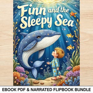 May include: A children's book cover illustration titled "Finn and the Sleepy Sea." It depicts a young child in pajamas looking up at a large, starry whale underwater. The scene is filled with colorful fish, plants, and the text "Finn and the Sleepy Sea."
