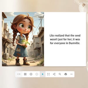 The image is a collage of two images. The left image depicts a cartoon girl with brown hair and a blue dress, holding a green plant. The right image is a text box with a caption that reads "Lila realized that the seed wasn't just for her; it was for everyone in Dustville."