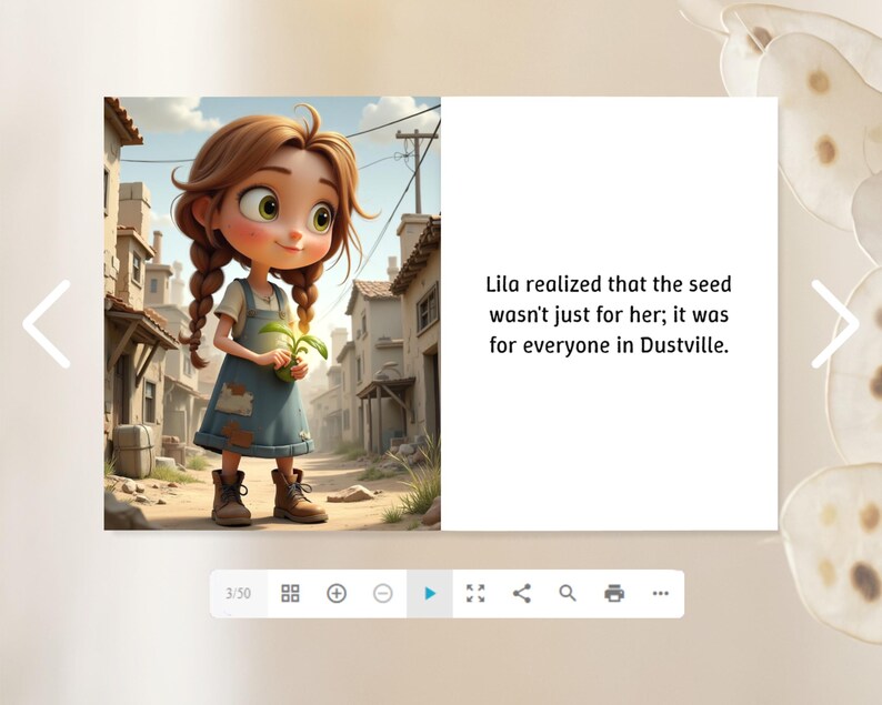 The image is a collage of two images. The left image depicts a cartoon girl with brown hair and a blue dress, holding a green plant. The right image is a text box with a caption that reads "Lila realized that the seed wasn't just for her; it was for everyone in Dustville."