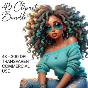 Pacote de 45 clipart de garotas negras PNG Lindas mulheres afro sublimação PNG, clipart de garotas afro Rainha da melanina Garota negra mágica para download digital