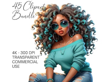 45 Black Girl Clipart Bundle PNG Beautiful Afro Women Sublimation Png, Afrogirls Clipart Melanin Queen Black Girl Magic Digital Download