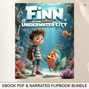 The image is a promotional poster for the animated film "Finn and the Secret Underwater City". It features two cartoon characters, a boy and a fish, standing in an underwater city scene with colorful coral and marine life. The poster includes text that describes the book and the narrative flipbook bundle, and it is described as an "EBOOK PDF & NARRATED FLIPBOOK BUNDLE".