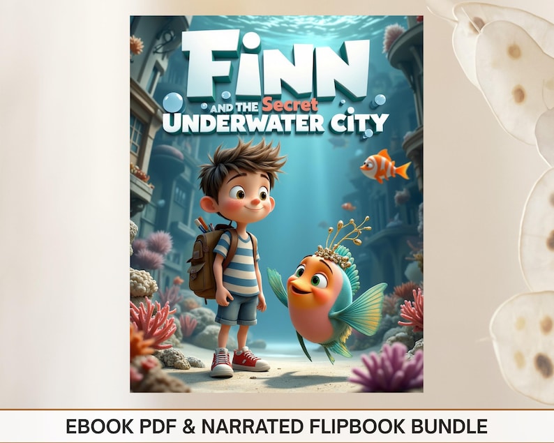 The image is a promotional poster for the animated film "Finn and the Secret Underwater City". It features two cartoon characters, a boy and a fish, standing in an underwater city scene with colorful coral and marine life. The poster includes text that describes the book and the narrative flipbook bundle, and it is described as an "EBOOK PDF & NARRATED FLIPBOOK BUNDLE".
