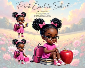 Back to School Black Girl Clipart, Little Black Girl in Pink PNG, Birthday Party Decor, Digital Download, Cute Back to School Clipart