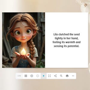 A young girl with long brown hair is holding a lit candle, and there is a text overlay on the image that says "Lila clutched the seed tightly in her hand, feeling its warmth and sensing its potential."