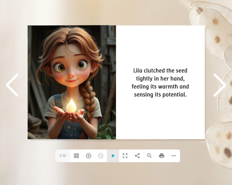 A young girl with long brown hair is holding a lit candle, and there is a text overlay on the image that says "Lila clutched the seed tightly in her hand, feeling its warmth and sensing its potential."