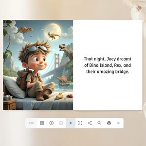 A collage of two images. The left image depicts a young boy with glasses and a backpack, sitting on a bed and looking up at the ceiling. The right image shows a bridge with a dinosaur on it, and the caption reads "That night, Joey dreamt of Dinosaur Island, Rex, and their amazing bridge."