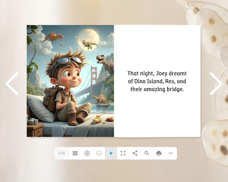 A collage of two images. The left image depicts a young boy with glasses and a backpack, sitting on a bed and looking up at the ceiling. The right image shows a bridge with a dinosaur on it, and the caption reads "That night, Joey dreamt of Dinosaur Island, Rex, and their amazing bridge."