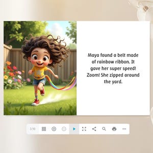 The image is a collage of two images. The first image shows a young girl with curly hair running through a grassy field, holding a rainbow-colored ribbon. The second image is a text box with a story about Maya finding a belt made of rainbow ribbon, which she uses to zip around the yard and gain super speed.
