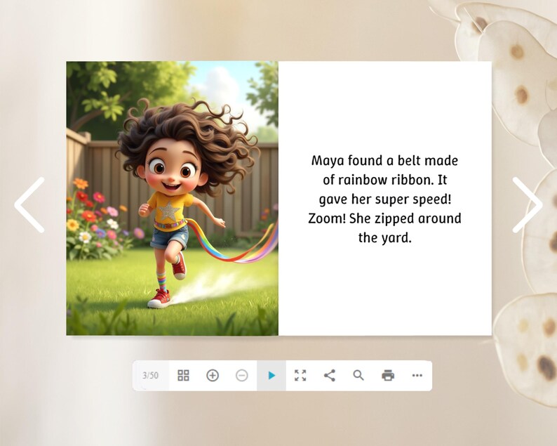The image is a collage of two images. The first image shows a young girl with curly hair running through a grassy field, holding a rainbow-colored ribbon. The second image is a text box with a story about Maya finding a belt made of rainbow ribbon, which she uses to zip around the yard and gain super speed.