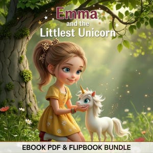 Può includere: Un'illustrazione digitale di un bambino con la coda di cavallo che indossa un vestito giallo con fiori bianchi, mentre tocca un piccolo unicorno bianco. Il testo recita Emma and the Littlest Unicorn e EBOOK PDF & FLIPBOOK BUNDLE.