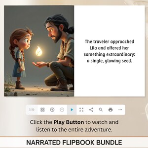 a man and a young girl, with the man holding a glowing object in his hand, and the girl looking at him with curiosity. The text above the image reads, "The traveler approached Lila and offered her something extraordinary; a single, glowing seed."
