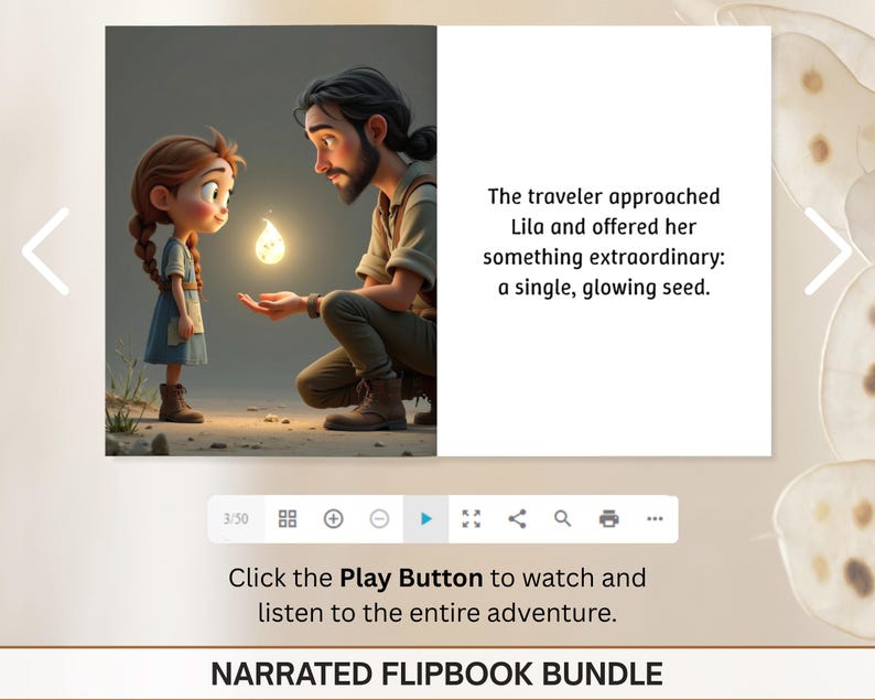 a man and a young girl, with the man holding a glowing object in his hand, and the girl looking at him with curiosity. The text above the image reads, "The traveler approached Lila and offered her something extraordinary; a single, glowing seed."