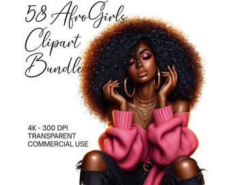 58 Black Girl Clipart Bundle PNG Schöne Afro Frauen Sublimation Png, AfroGirls Clipart Black Girl Magie Melanin Königin Digitaler Download